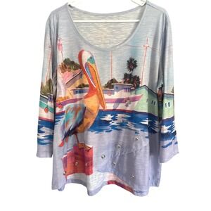 Art & Sol Ellen Neguey Top XL Pelican Boat Coastal Art to Wear